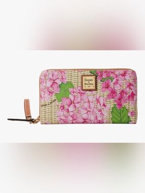 Dooney & Bourke Pink Floral Zip Wallet with Green Leaves